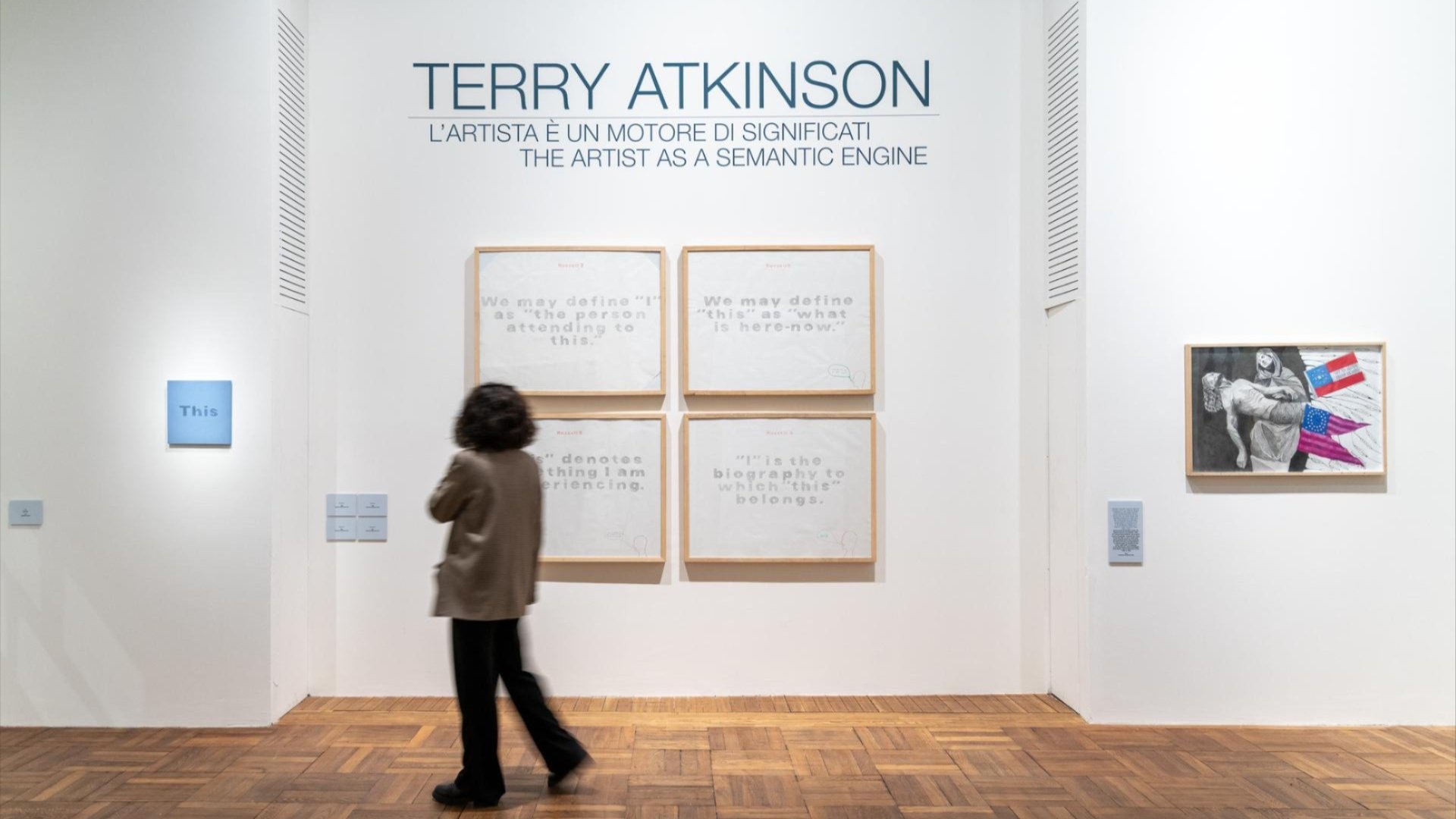 Veduta della mostra dedicata a Terry Atkinson nelle Sale Dom Pérignon di Ca’ Pesaro