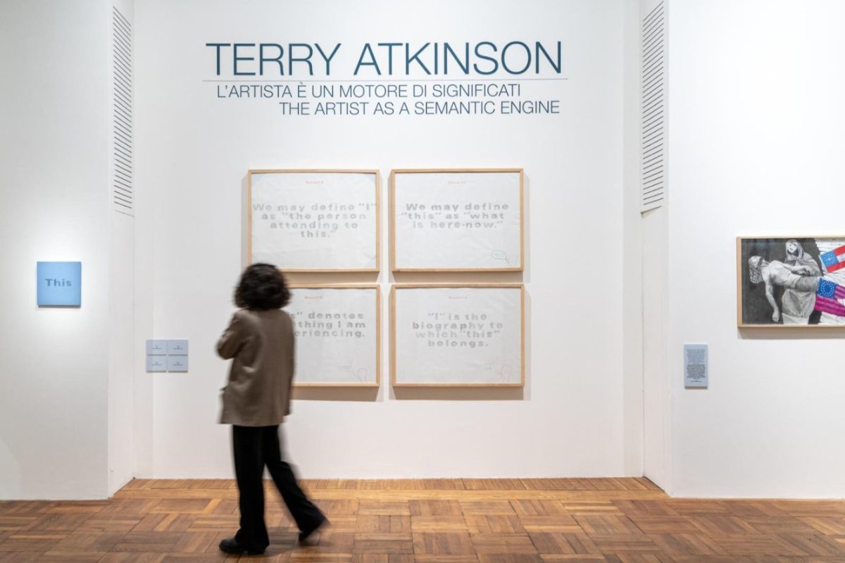 Veduta della mostra dedicata a Terry Atkinson nelle Sale Dom Pérignon di Ca’ Pesaro